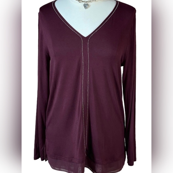 White House Black Market Lg Burgundy Silver Micro Bead Trim Chiffon Hem V-Neck - Picture 4 of 8